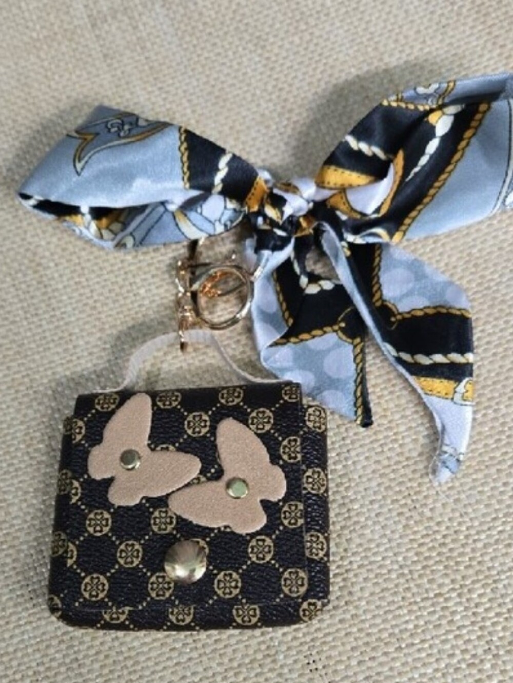 Silk Scarf Keychain Bag Charm with Floral Mini Bag